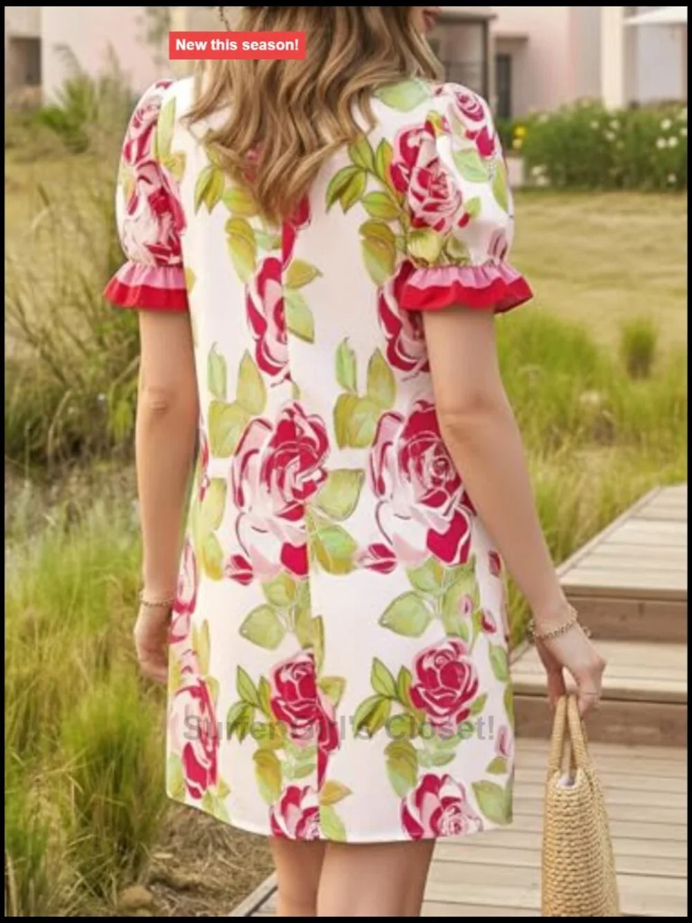 Floral Puff Short Sleeve V Neck Button Down Ruffle Mini Dress with Pockets - Picture 5 of 7